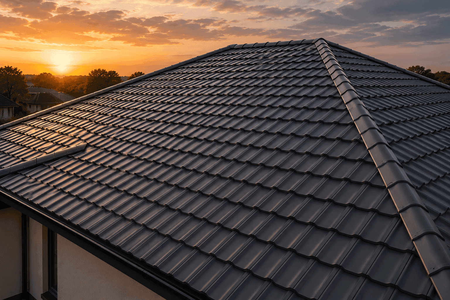 Freshly painted charcoal tiled roof at sunset