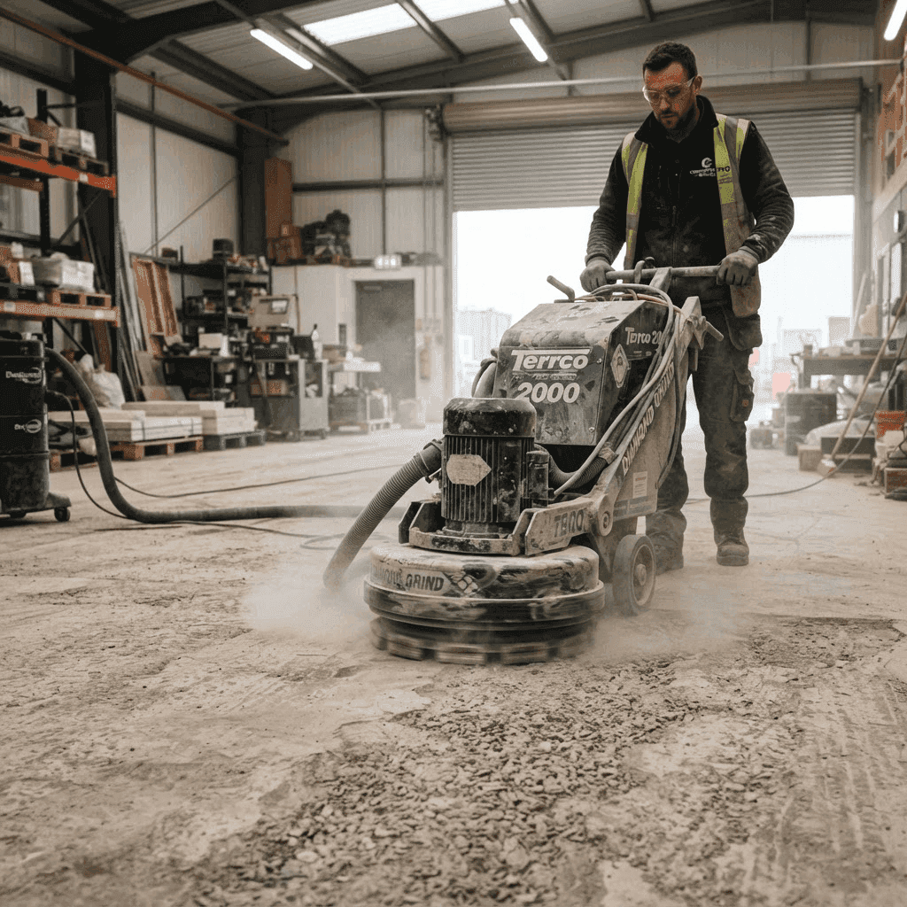 Professional floor grinding machine mechanically preparing a concrete slab before epoxy coating