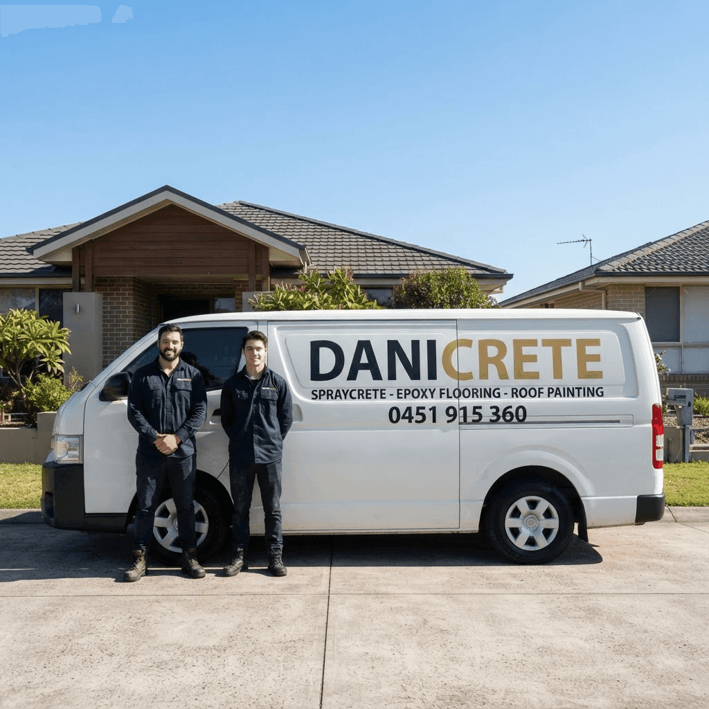 The DaniCrete team standing beside their branded work van, concrete resurfacing and coating specialists in Sydney