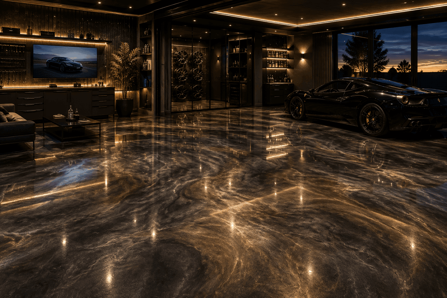 Glossy metallic epoxy floor in a luxury garage with reflections