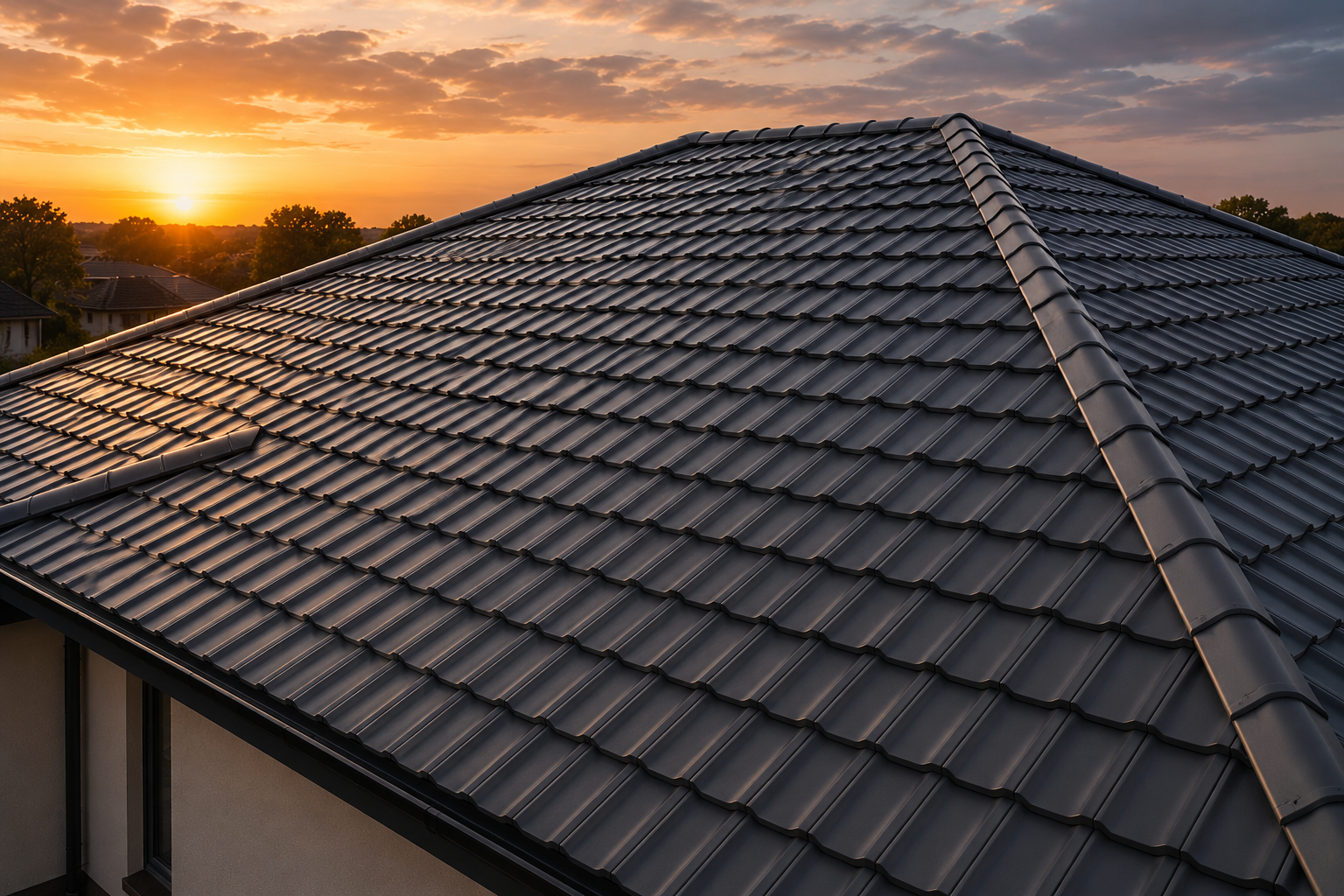 Freshly painted charcoal tiled roof at sunset