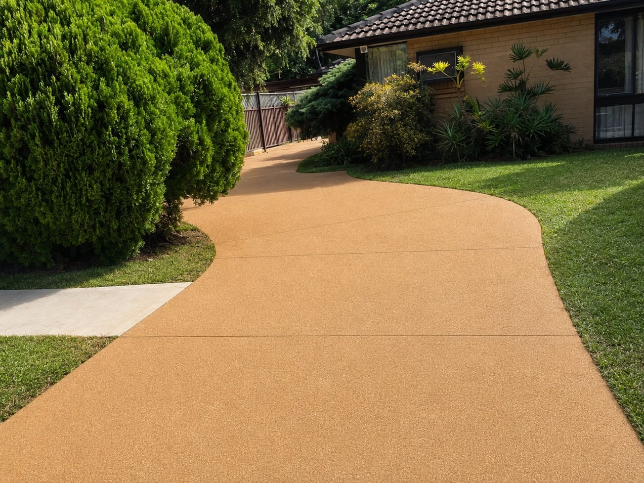 Warm tan spray crete driveway winding up to a home through a landscaped garden