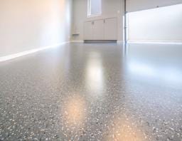 Modern multi-coloured epoxy flake floor with a high-gloss protective coating