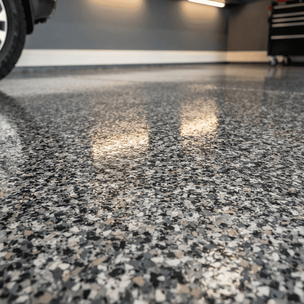 Seamless decorative epoxy floor coating with a glossy protective finish