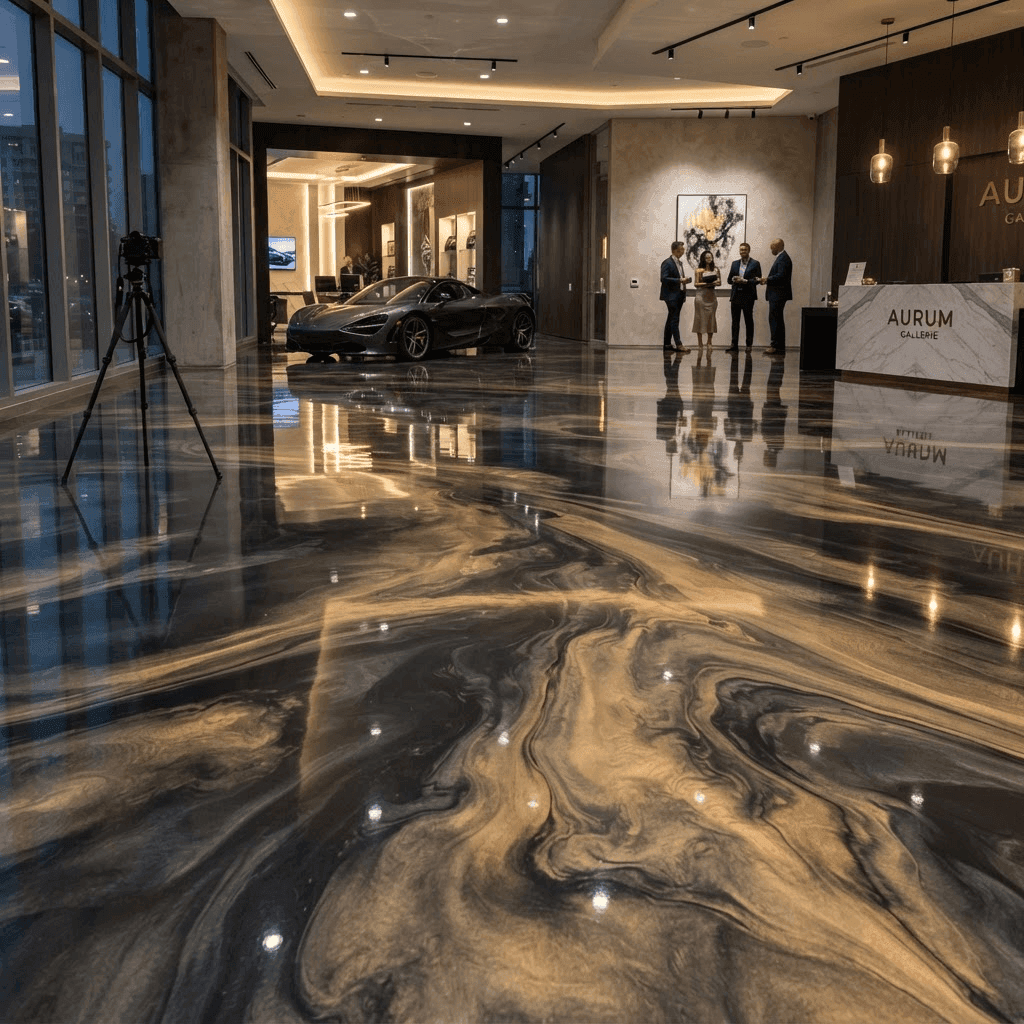 Luxurious metallic epoxy floor with flowing black and gold marble-like effects