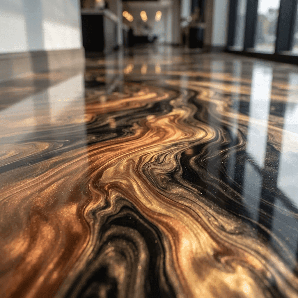 Metallic epoxy floor with natural flowing movement between bronze, gold and black