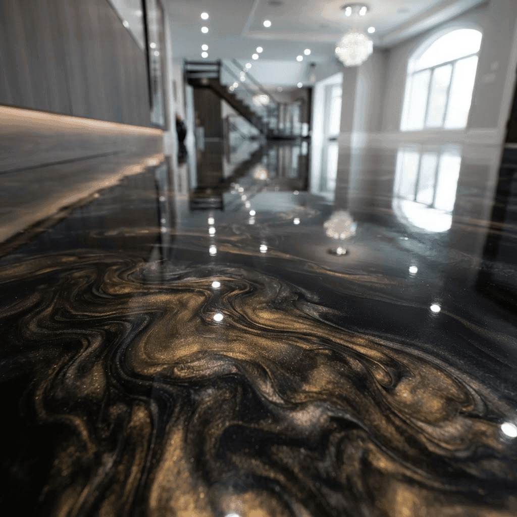 Deep high-gloss polished metallic epoxy floor with a mirror-like reflective surface