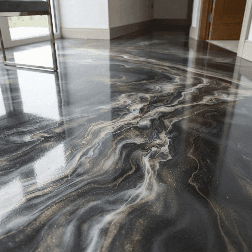 Metallic epoxy floor with a sophisticated flowing marble effect in charcoal, pearl and gold