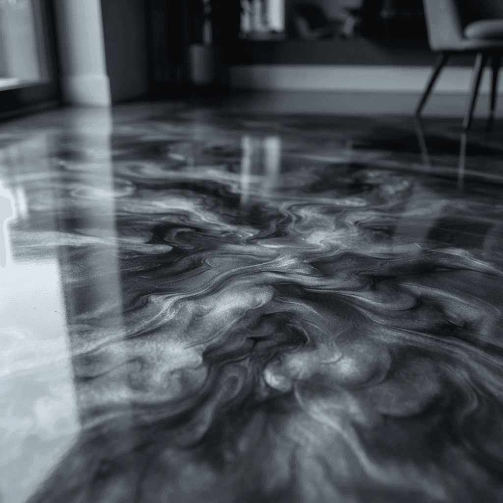 Metallic epoxy floor with soft smoky grey and silver movement and layered depth