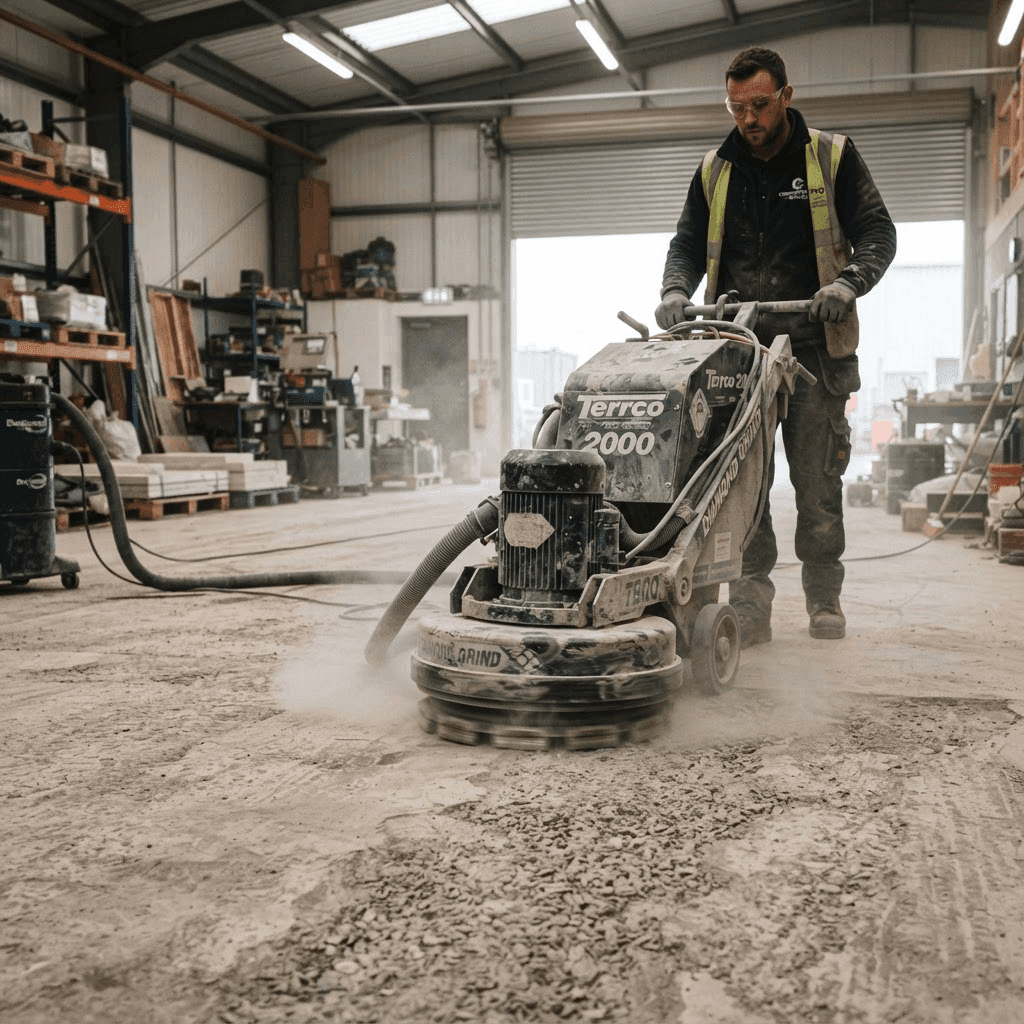 Professional floor grinding machine mechanically preparing a concrete slab before epoxy coating