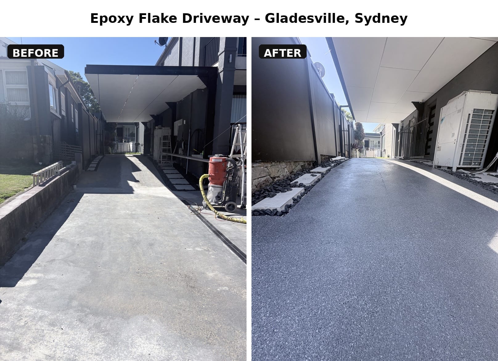 DaniCrete Gladesville epoxy flooring before and after comparison