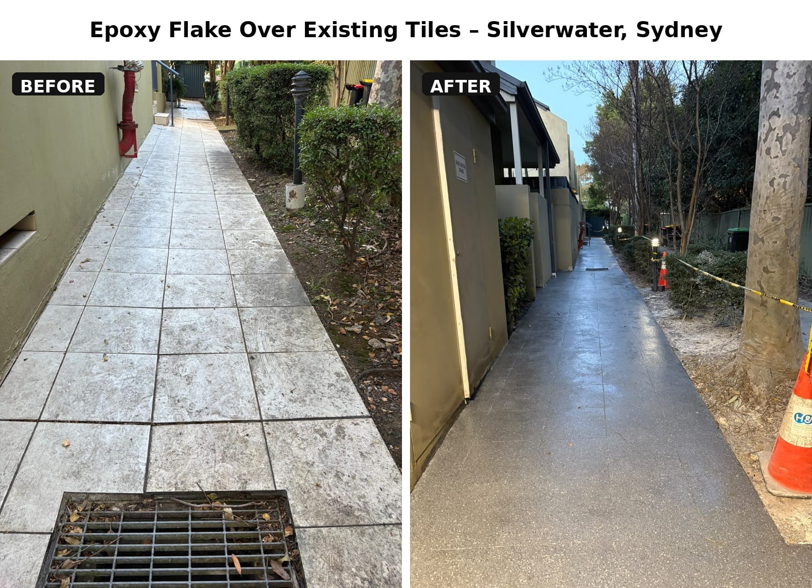 DaniCrete Silverwater epoxy flooring before and after comparison
