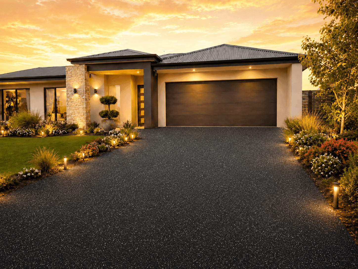 Premium Sydney home exterior with modern resurfaced concrete surfaces at dusk