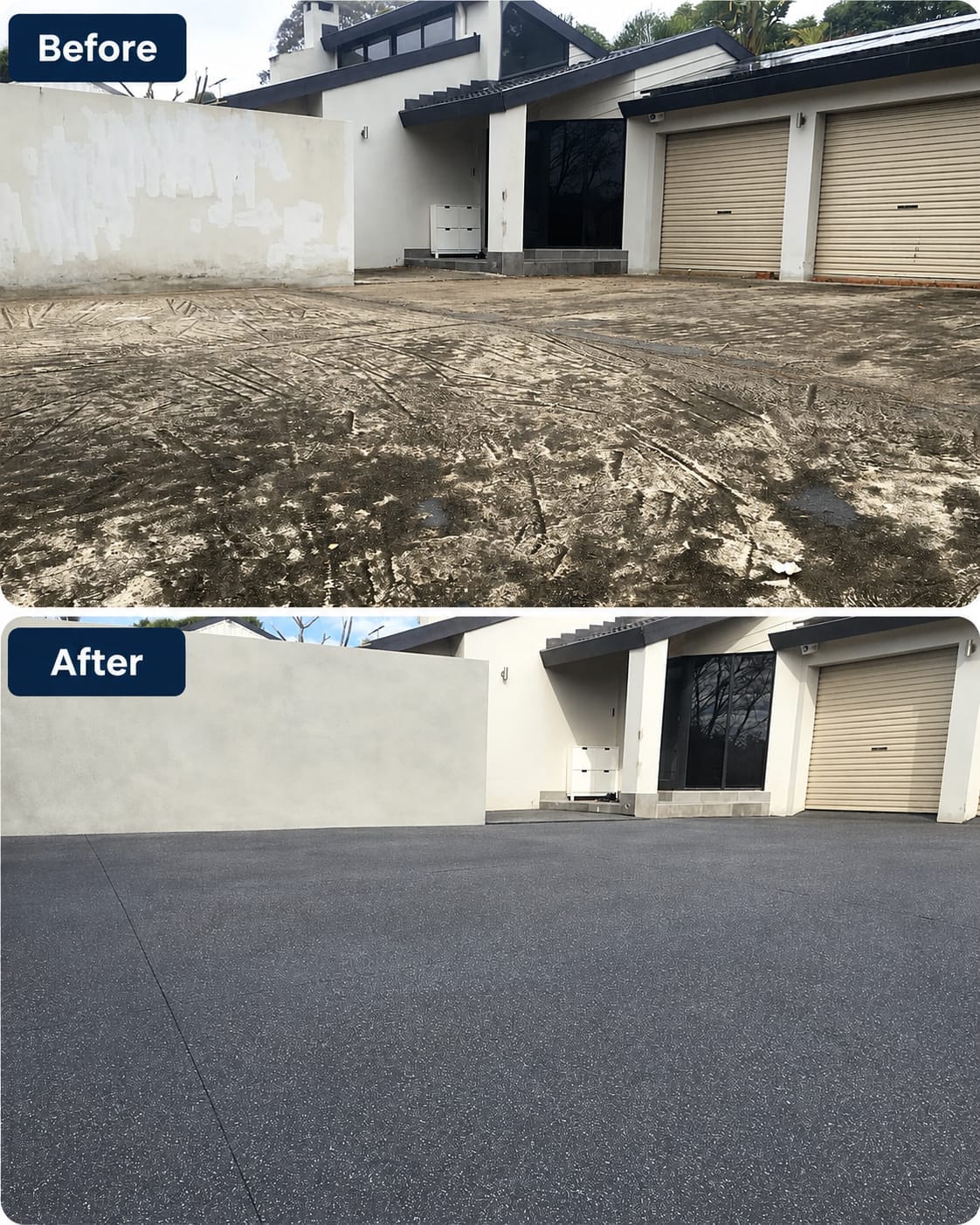 Before and after of a Sydney concrete driveway resurfaced by DaniCrete — worn bare concrete transformed into a smooth charcoal decorative finish