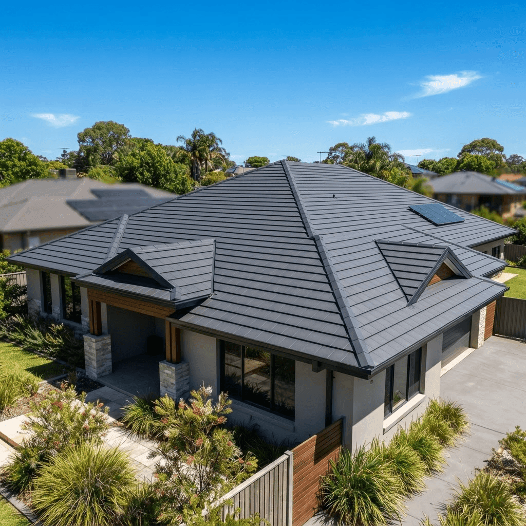 Freshly painted charcoal grey concrete tile roof on a modern Sydney home