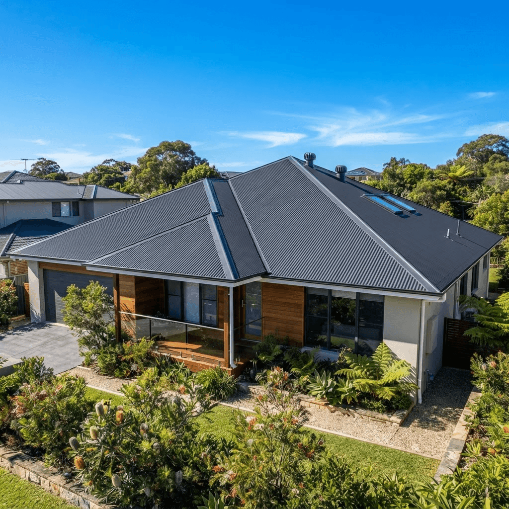 Freshly painted charcoal Colorbond corrugated metal roof on a modern Sydney home