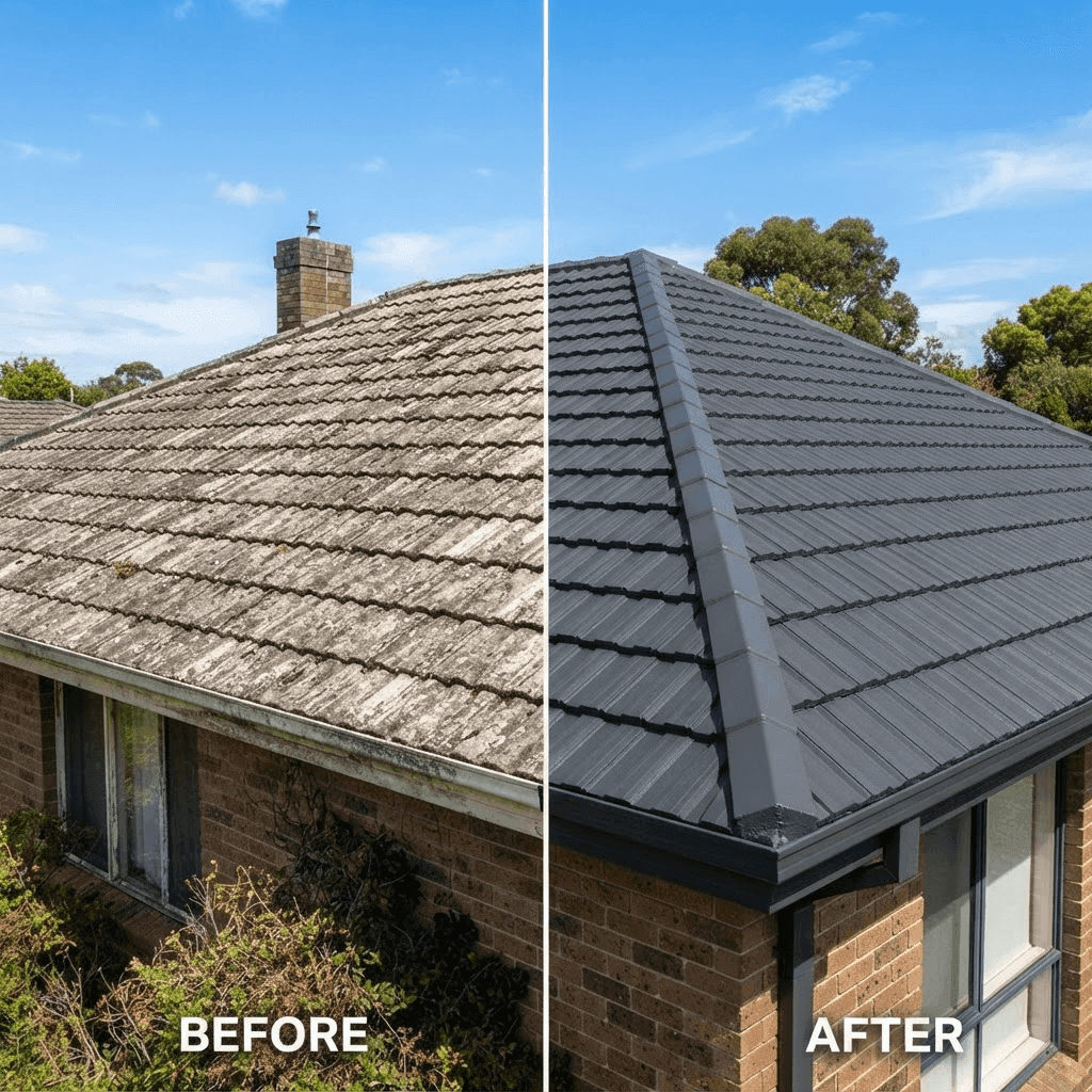 Before and after of a Sydney tile roof restoration — weathered mossy tiles on the left, freshly cleaned and painted charcoal roof on the right