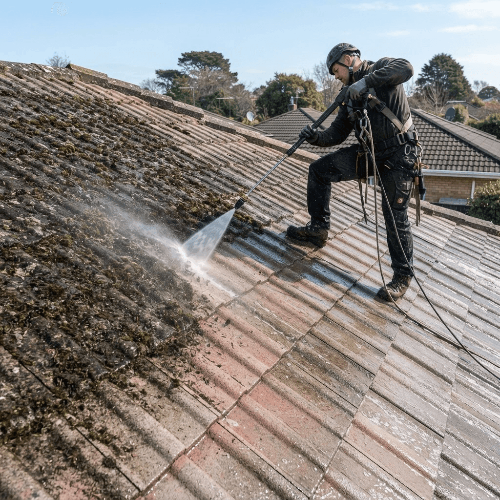 High-pressure cleaning removing moss and dirt from a tiled roof before restoration
